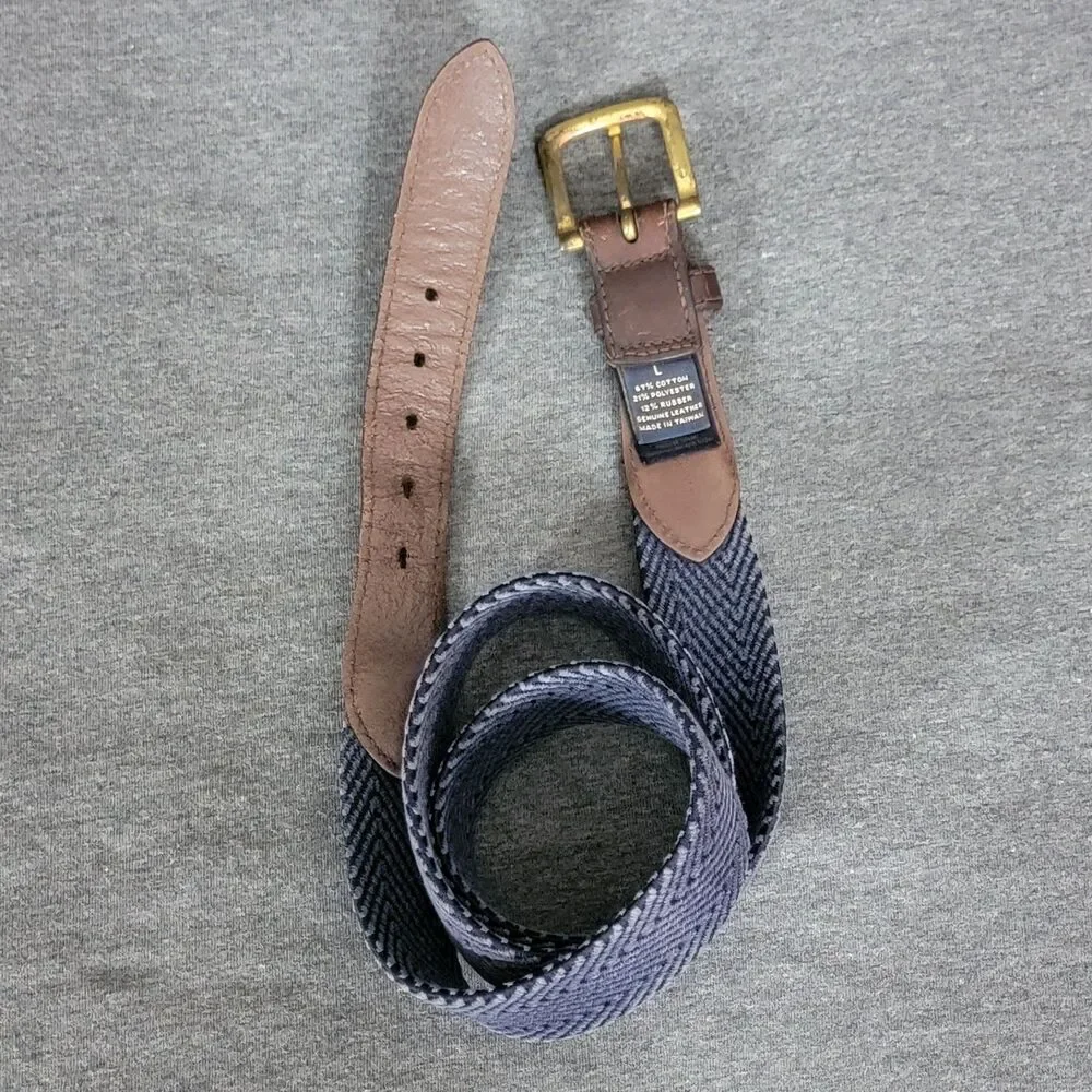 Brooks Brothers Belt Mens L Brown Leather Blue Preppy Woven Stretch Brass Buckle